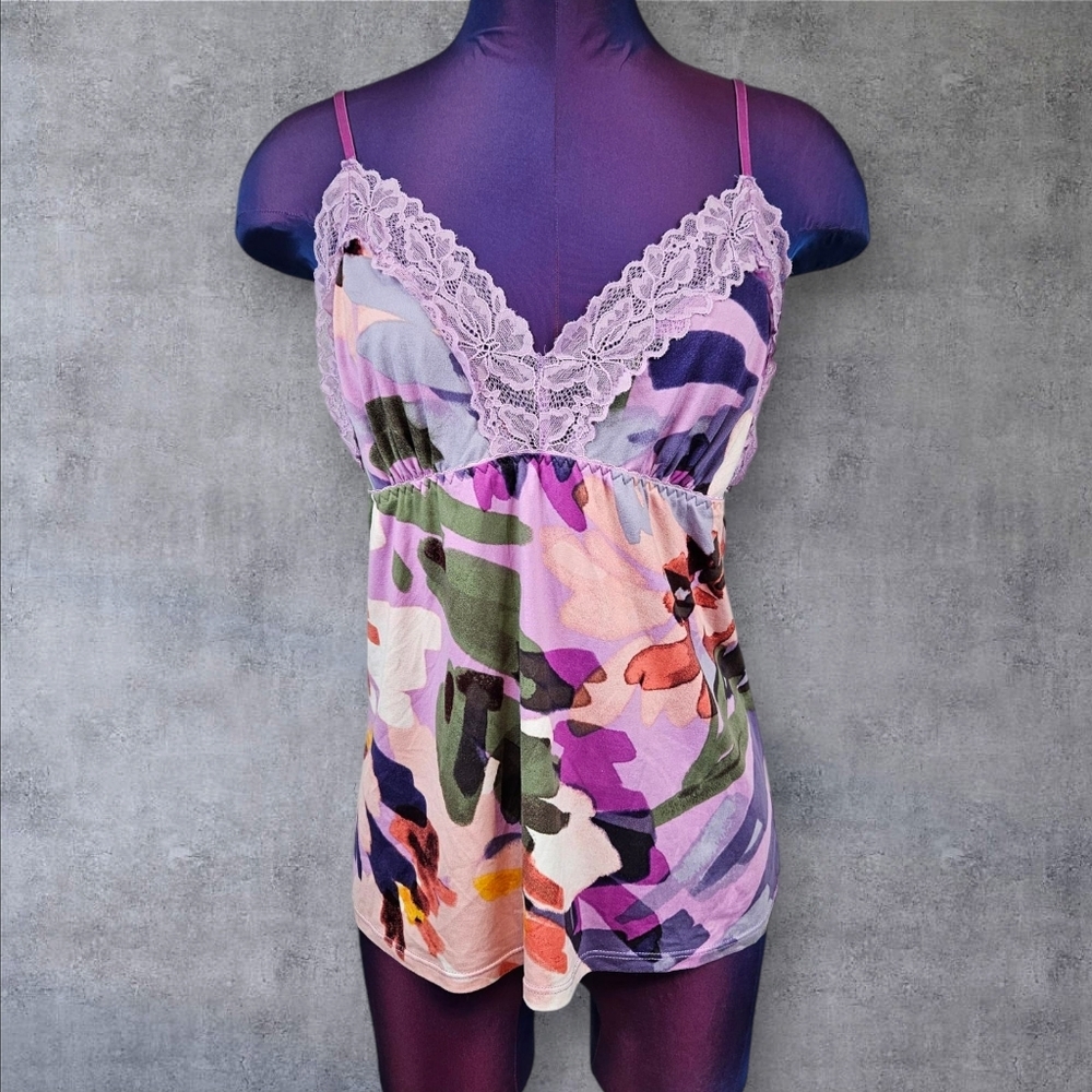 Linea Donatella Purple Floral Lace Trimmed Babydoll Cami Tank Top Size Large F27